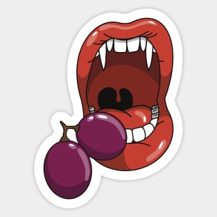 Mouth with vampire teeth about to take a bite into a purple grape Sticker